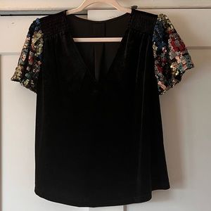 Multicolored Sequin short sleeve black velvet shirt size small